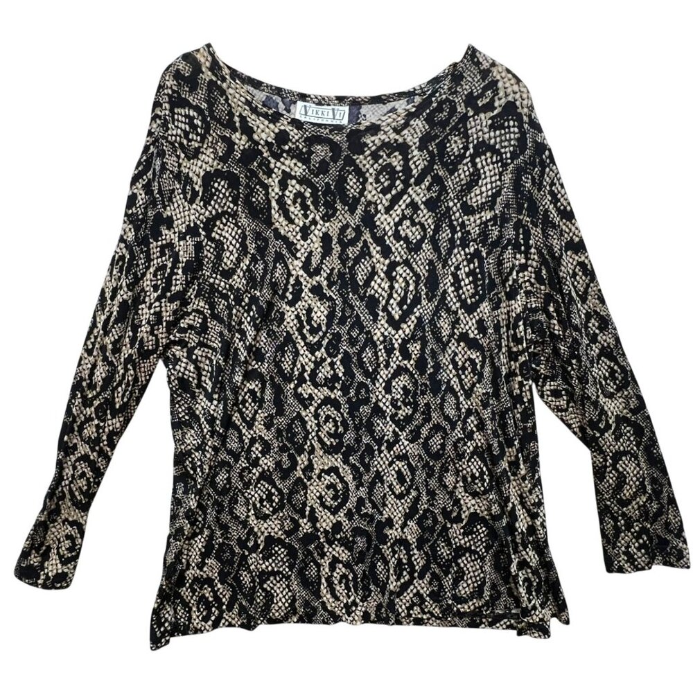 Vikki Vi Women's Casual Blouse Long Sleeve Stretch Size 1X Black Beige Leopard